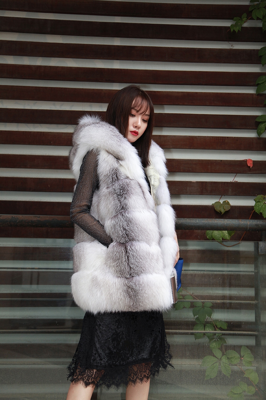 Shadow Blue Frost Fox Fur Hooded Vest 0003-8