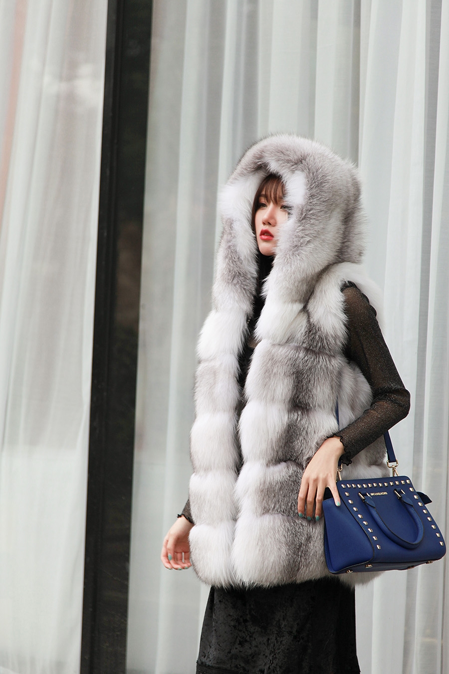 Shadow Blue Frost Fox Fur Hooded Vest 0003-5