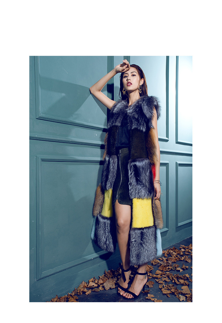 Fox Fur Long Vest with Mink Fur Trim 080 Details 1