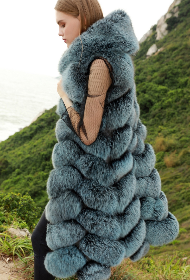 Hooded Long Fox Fur Vest 294-3
