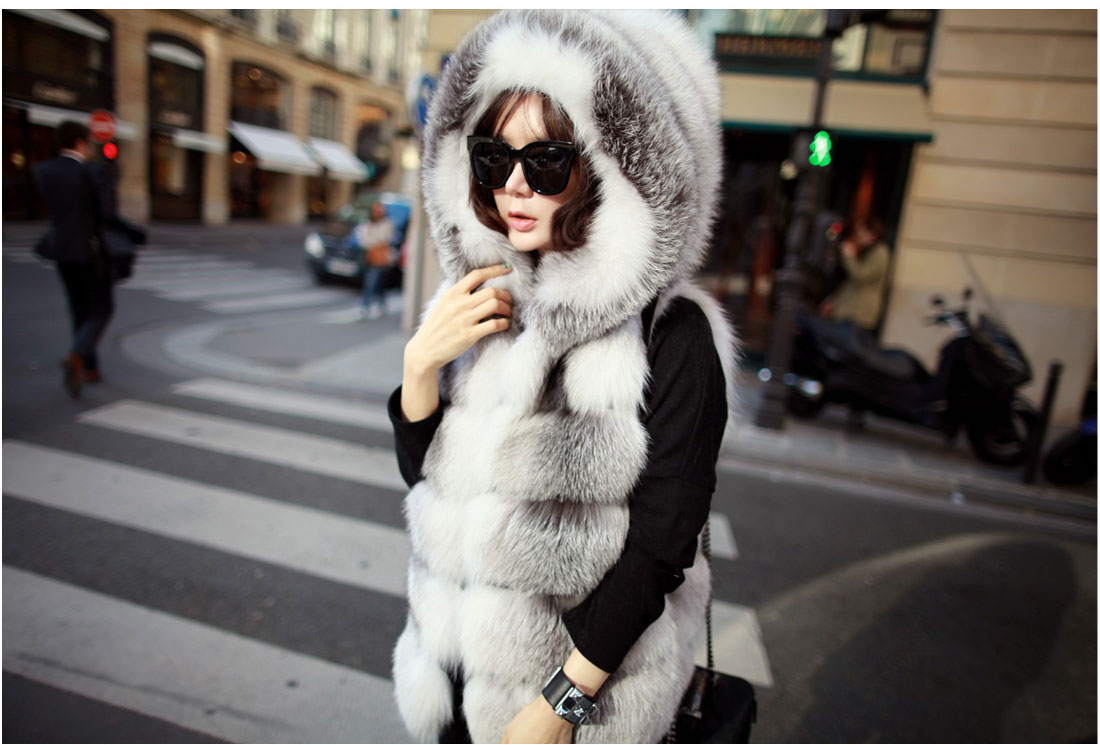 Shadow Blue Frost Fox Fur Vest with Hood 997 Details 1