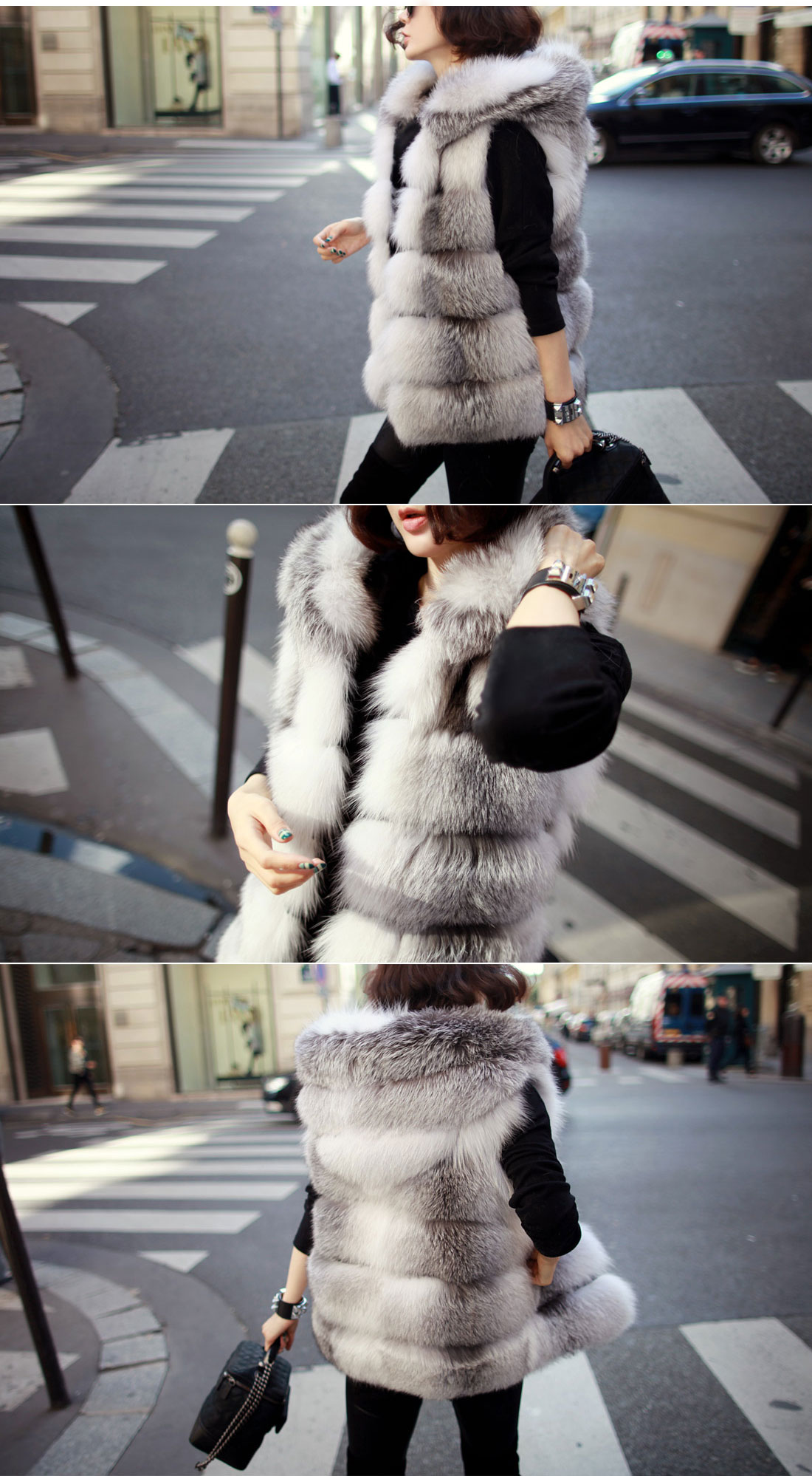 Shadow Blue Frost Fox Fur Vest with Hood 997 Details 3