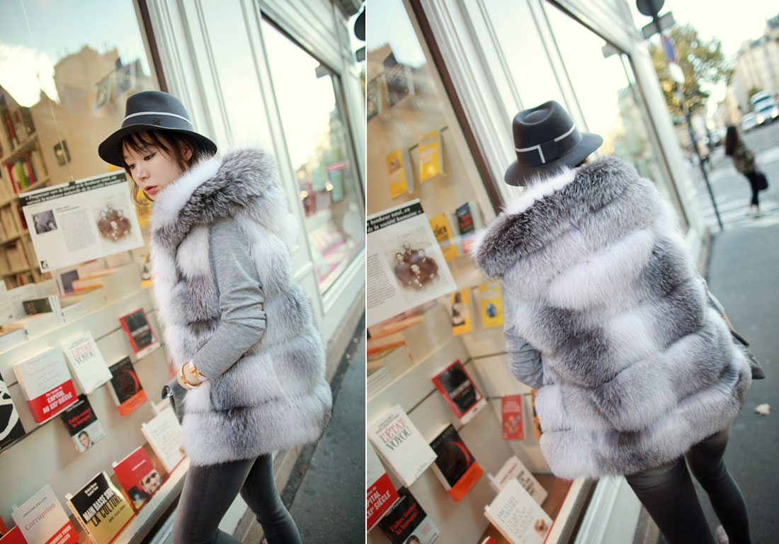 Shadow Blue Frost Fox Fur Vest with Hood 997 Details 8