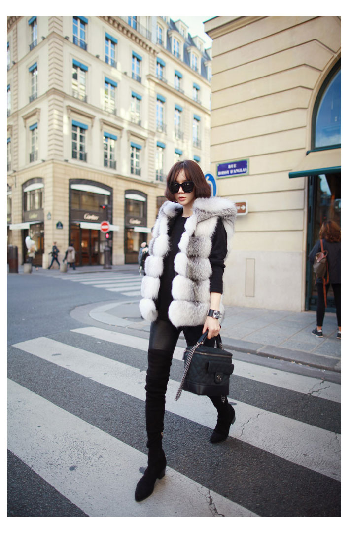 Shadow Blue Frost Fox Fur Vest with Hood 997 Details 4