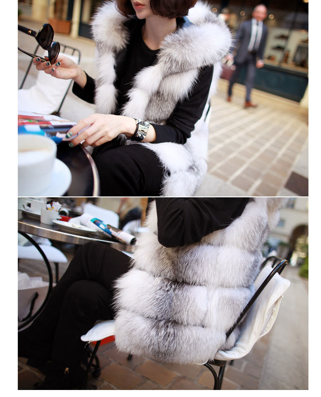 Shadow Blue Frost Fox Fur Vest with Hood 997 Details 6