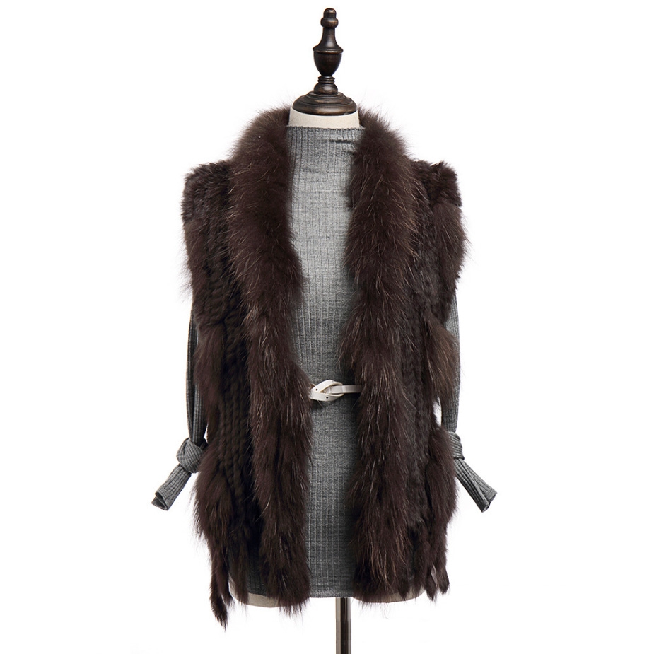 Knitted Rabbit Fur Vest with Raccoon Fur Trim 234 Coffee