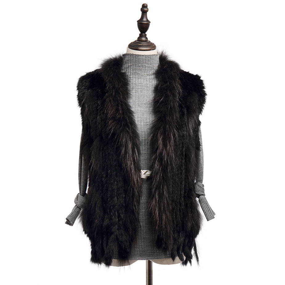 Knitted Rabbit Fur Vest with Raccoon Fur Trim 234 Black