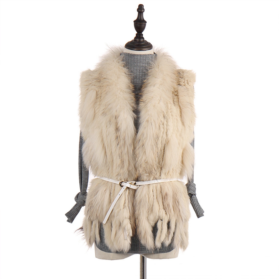 Knitted Rabbit Fur Vest with Raccoon Fur Trim 234 Beige