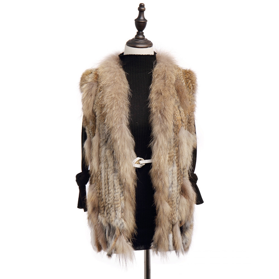 Knitted Rabbit Fur Vest with Raccoon Fur Trim 234 Camel