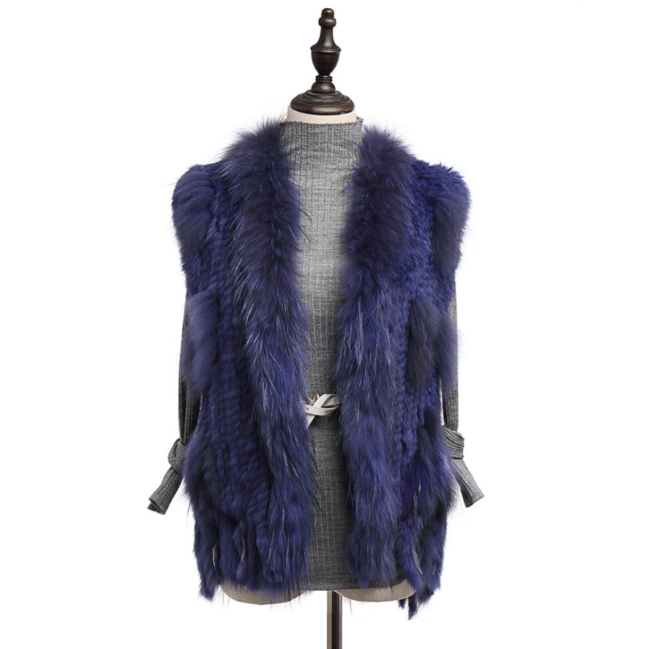 Knitted Rabbit Fur Vest with Raccoon Fur Trim 234 Blue