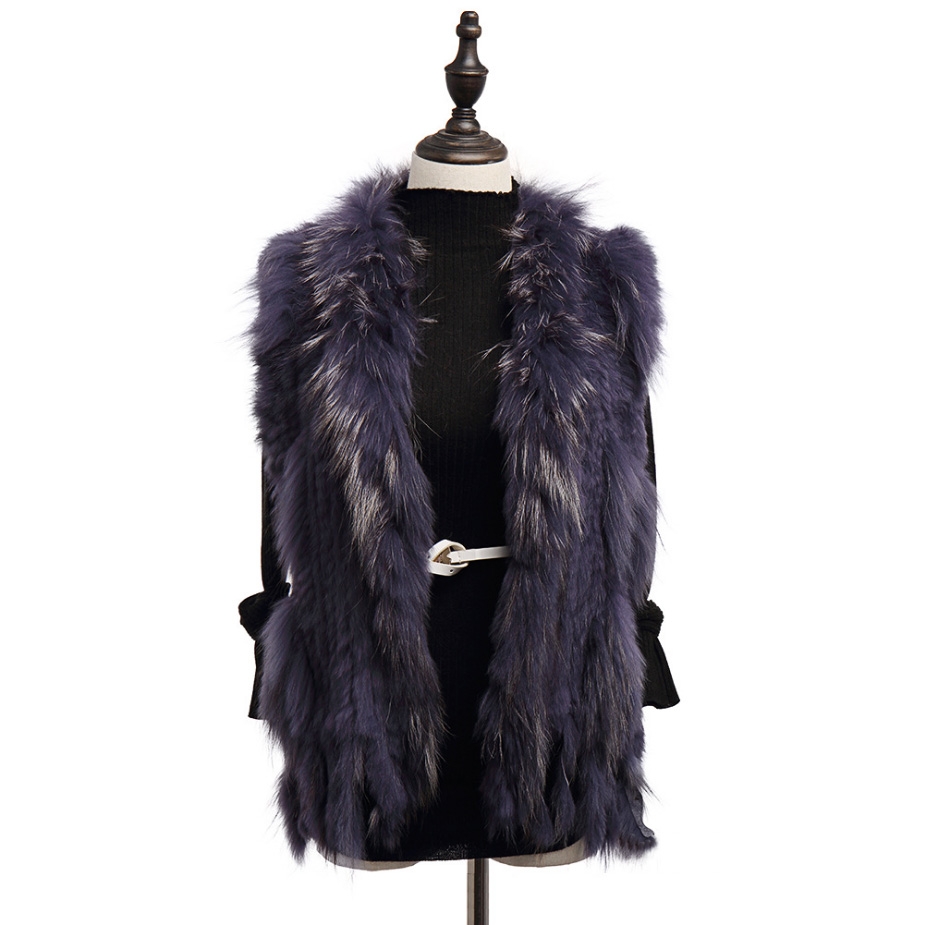 Knitted Rabbit Fur Vest with Raccoon Fur Trim 234 Slate-gray