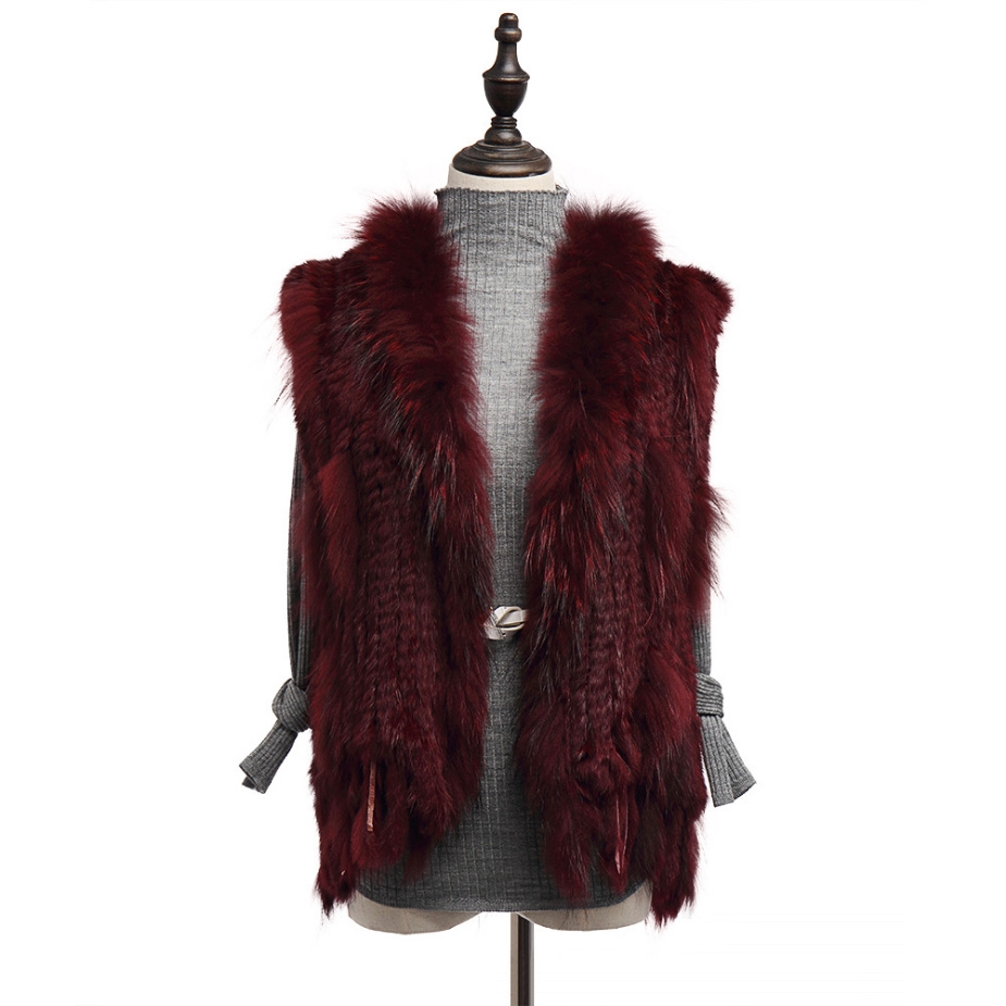 Knitted Rabbit Fur Vest with Raccoon Fur Trim 234 Wine