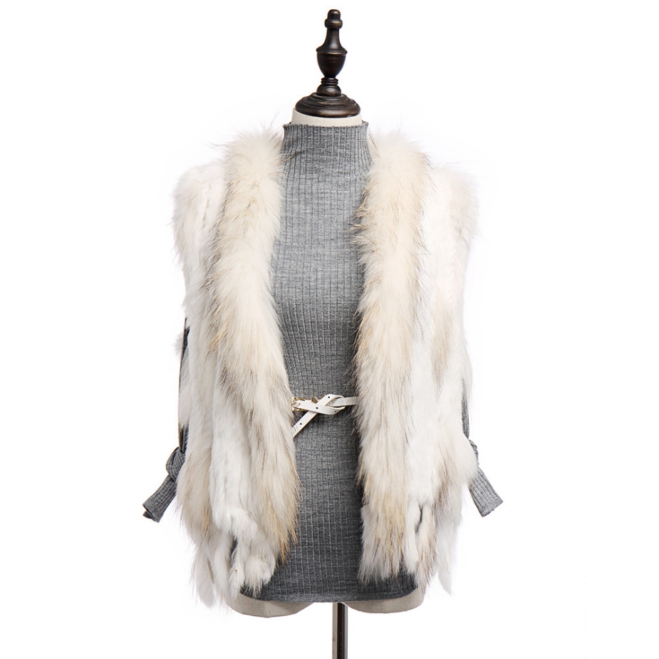 Knitted Rabbit Fur Vest with Raccoon Fur Trim 234 White