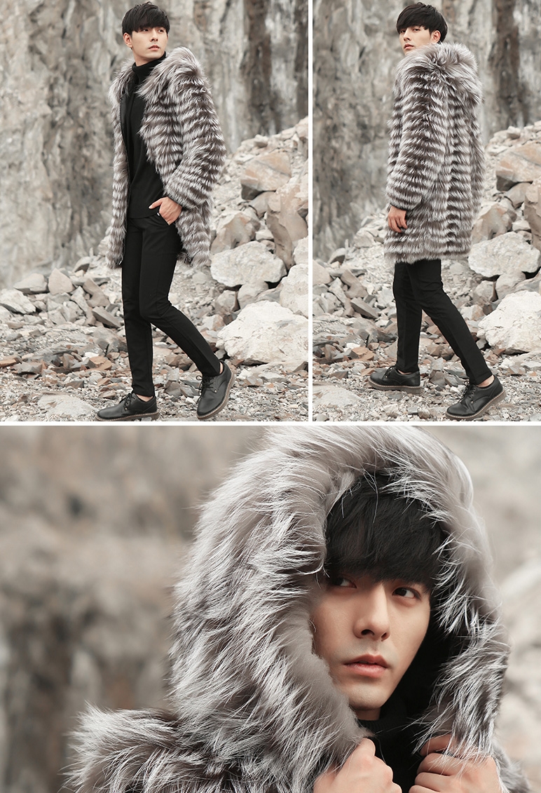 Hooded Men's Silver Fox Fur Coat 0001-7