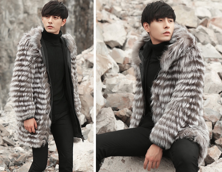 Hooded Men's Silver Fox Fur Coat 0001-6