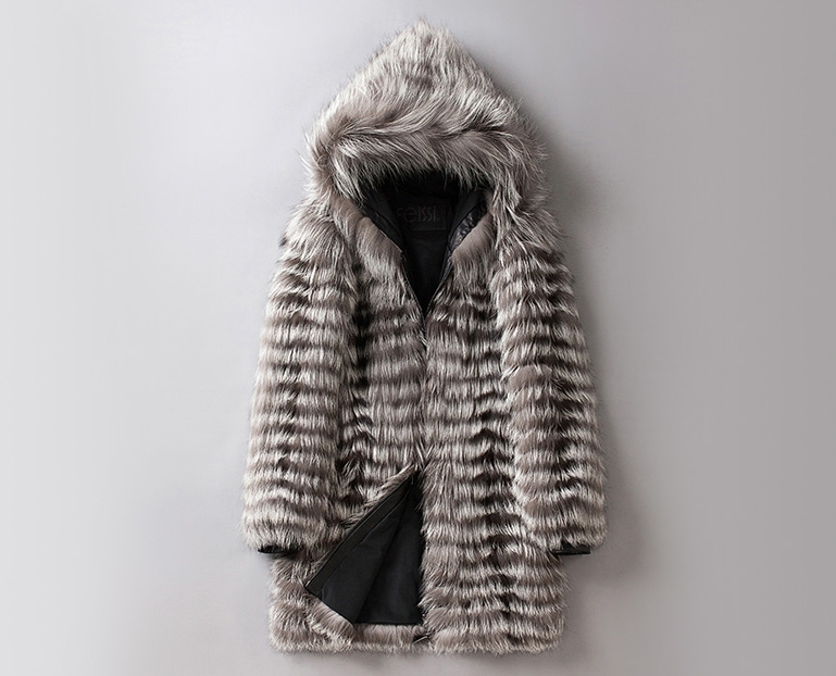 Hooded Men's Silver Fox Fur Coat 0001-1