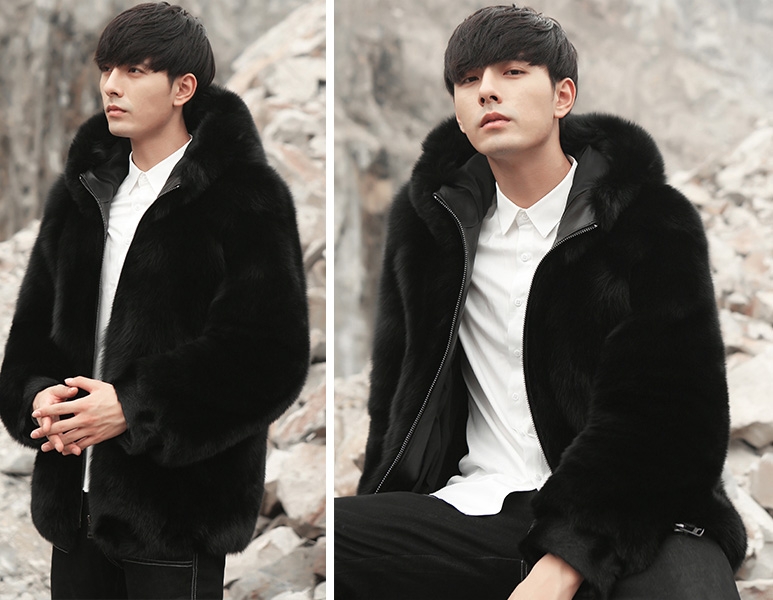 Men's Fox Fur Black Hooded Zip Coat 0008-2
