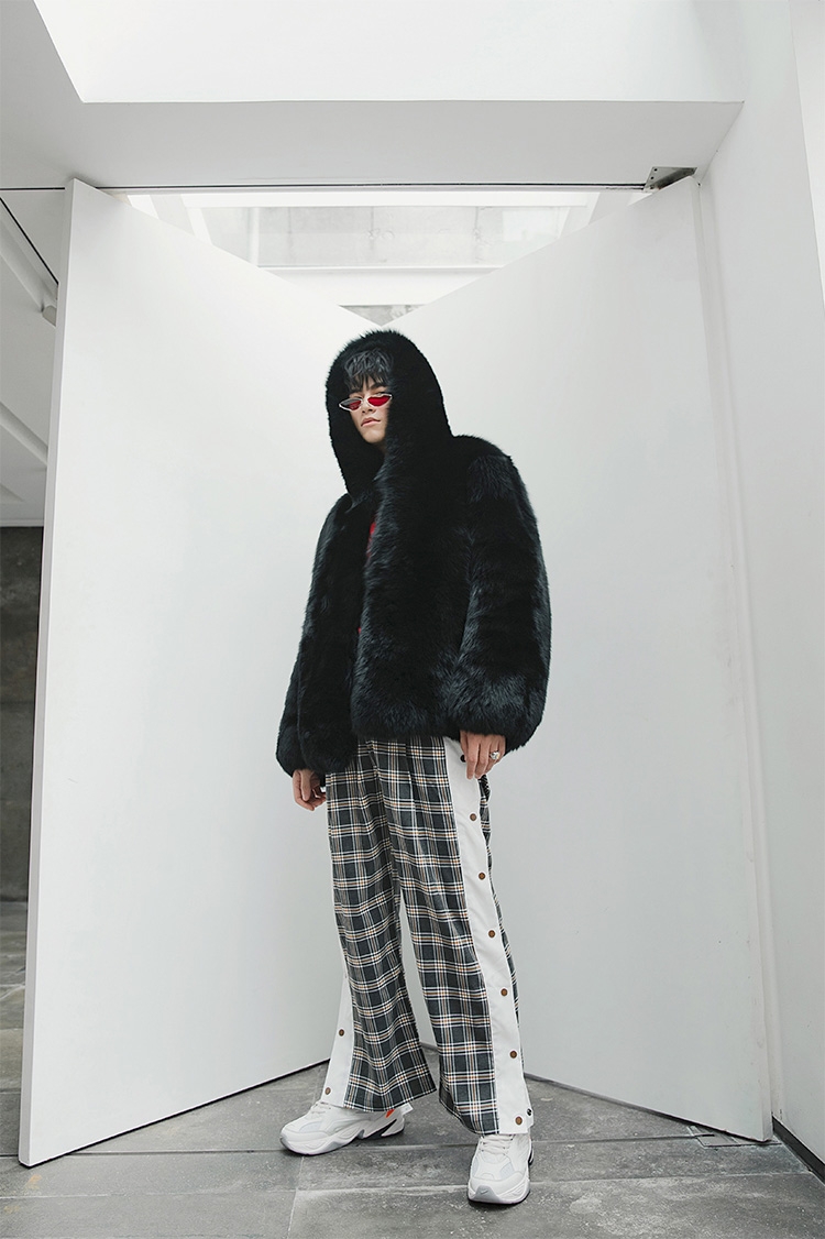 Men's Fox Fur Hooded Black Coat 381b-6