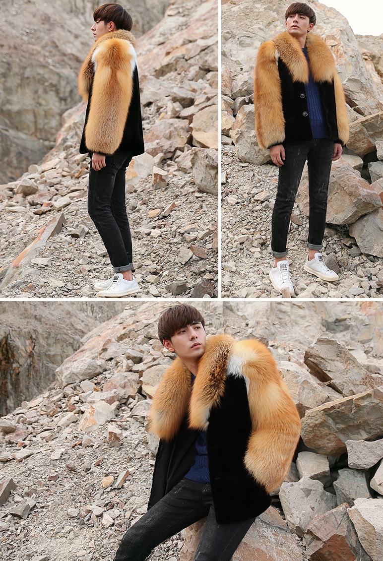 Men's Black Mink Fur Jacket with Red Fox Fur Collar and Sleeves 0011-1