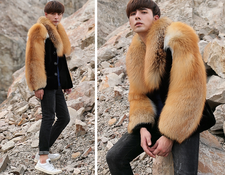 Men's Black Mink Fur Jacket with Red Fox Fur Collar and Sleeves 0011-2