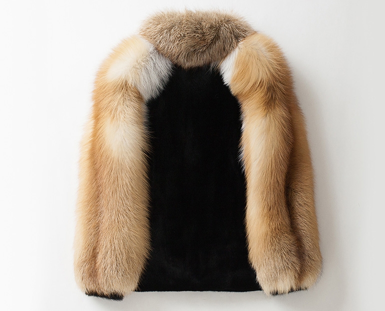 Men's Black Mink Fur Jacket with Red Fox Fur Collar and Sleeves 0011-4