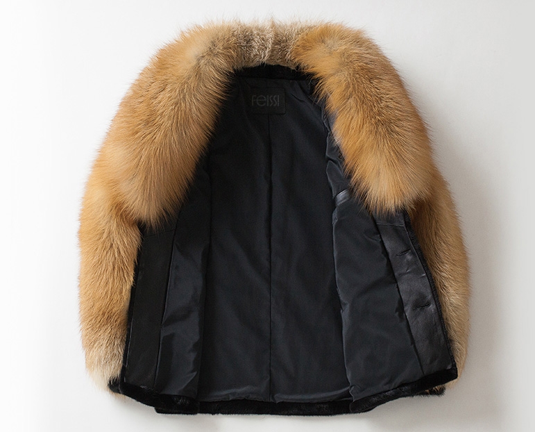 Men's Black Mink Fur Jacket with Red Fox Fur Collar and Sleeves 0011-5
