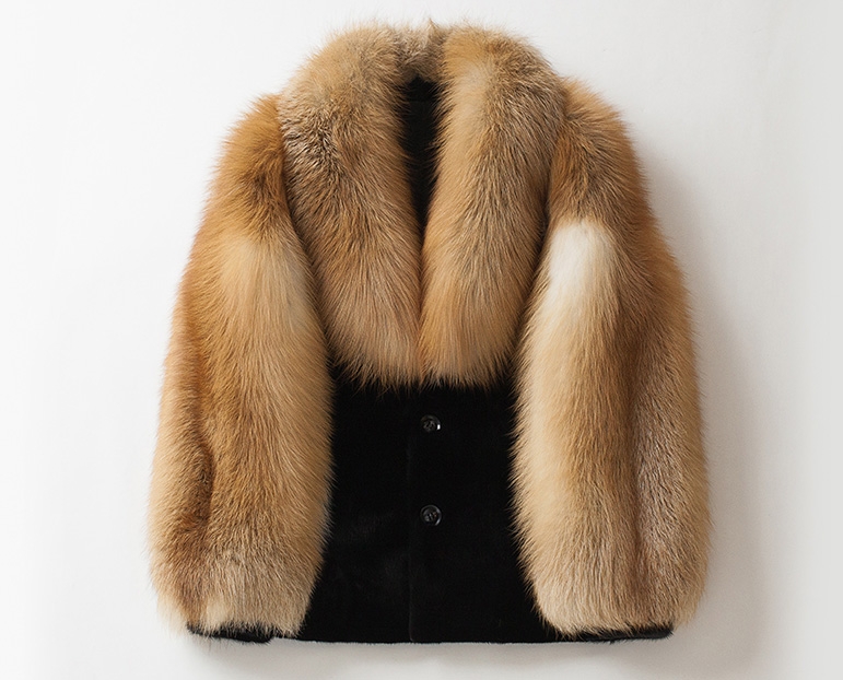 Men's Black Mink Fur Jacket with Red Fox Fur Collar and Sleeves 0011-3