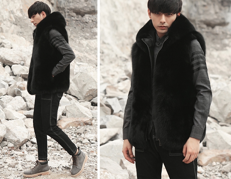 Men's Fox Fur Black Hooded Zip Vest 0009-2