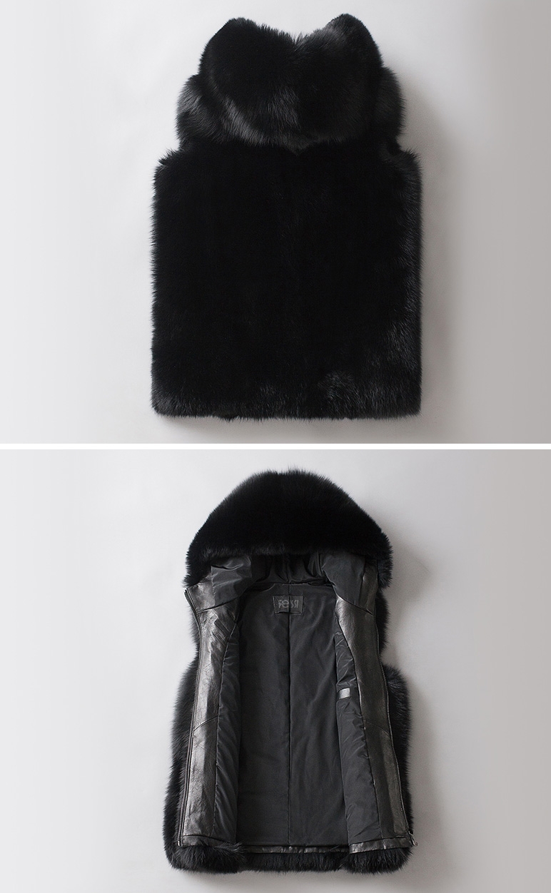 Men's Fox Fur Black Hooded Zip Vest 0009-5