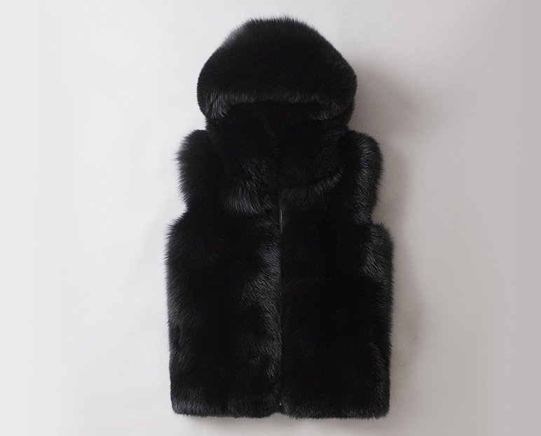 Men's Fox Fur Black Hooded Zip Vest 0009-4